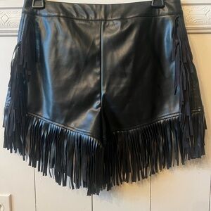 Black Mock Leather Fringe Shorts, Size M